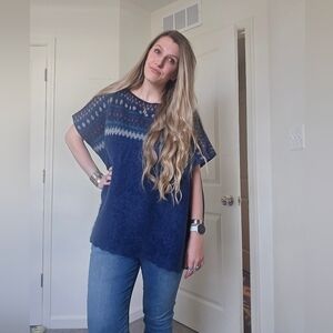 Oversized Blue Knit Sweater Top Fair Isle Pattern Short Sleeve Cozy Boho Medium